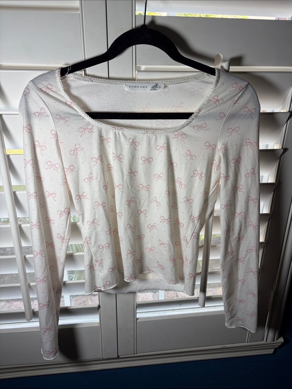 Altar'd State White Long-Sleeve Tee with Pink Bow Print